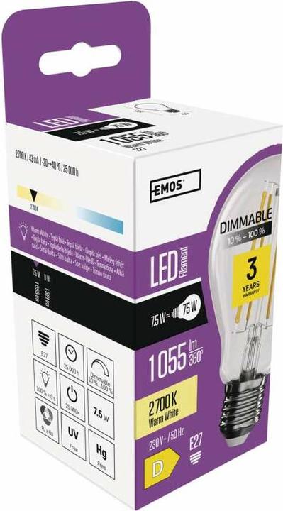 Produktbild Emos LED Lampe Filament A60 / E27 / 7,5 W (75 W) / 1 055 lm / Warmweiss / dimmbar (E27, 75 W, 1055 lm, 1 x, D)