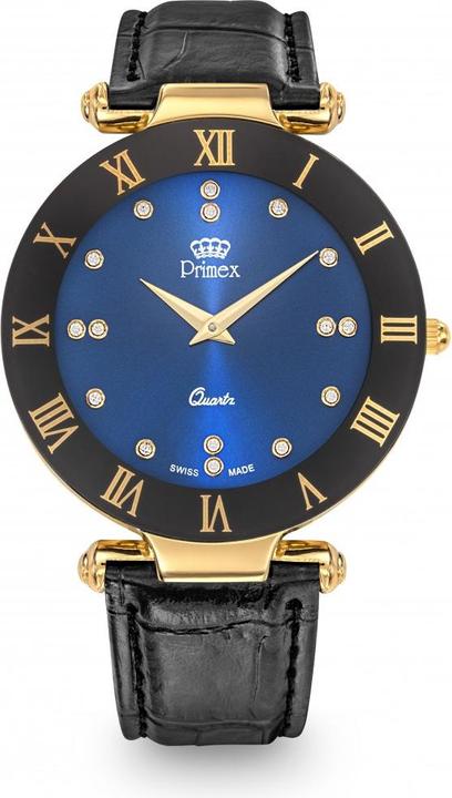 Image du produit Primex Montre Dame Swiss Made Bracelet Cuir Noir Cadran Bleu Etanche 30 M Grande (Montre analogique, 40 mm)