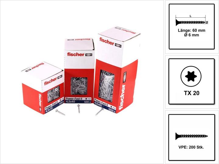 Actual product image Fischer Power-Fast II FPF II chipboard screw 6.0x60 mm 200 pieces ( 670456 ) countersunk head with Torx (200 Screws per piece)