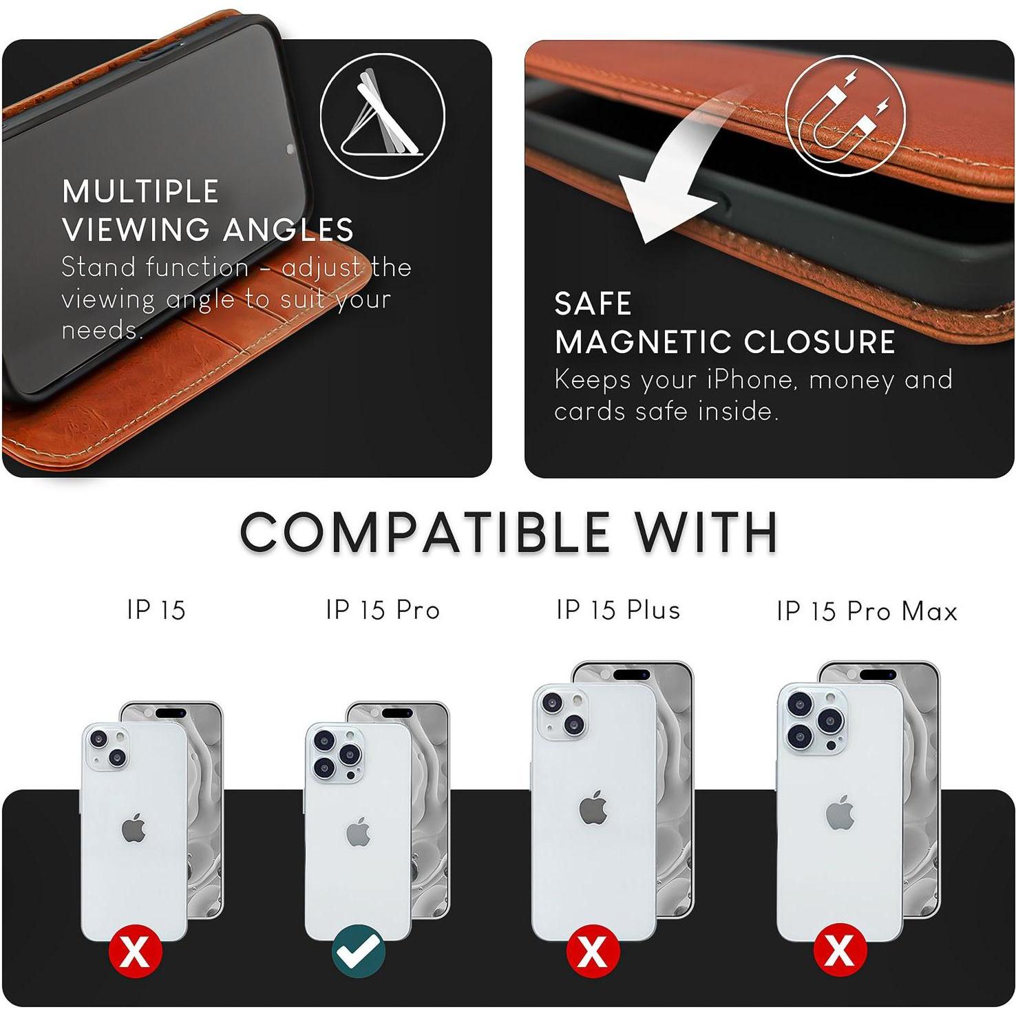 Thumbnail - Nalia Echt Leder Flip Case Hülle mit Magnetverschluss (Apple iPhone 15 Pro), Smartphone Hülle, Braun