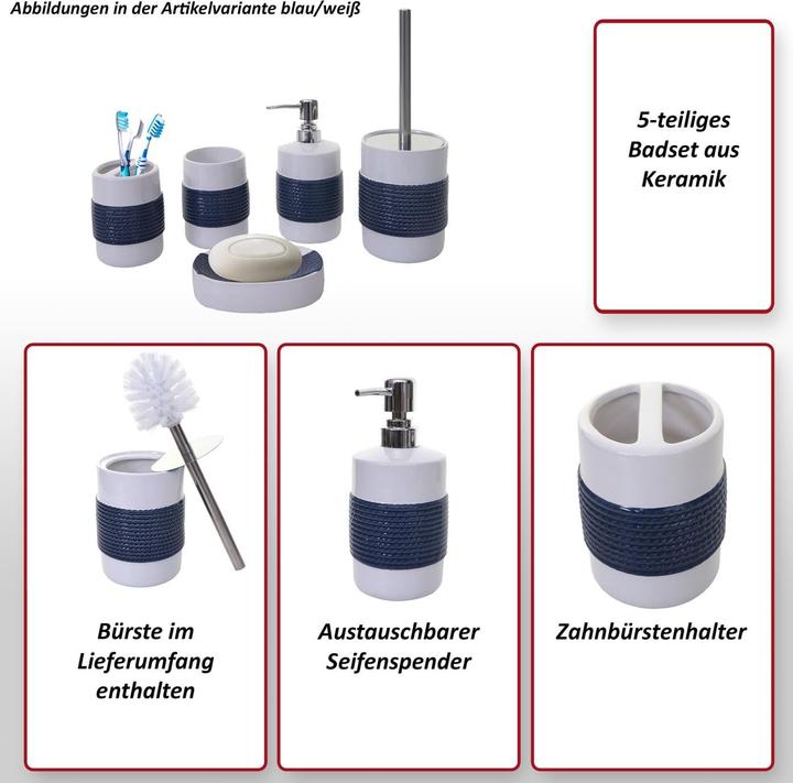 Produktbild Swisshandel24 5-teiliges Badset, WC-Garnitur Badezimmerset Badaccessoires, Keramik - blau/weiss