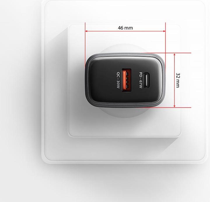 Produktbild Axagon ACU-PQ67, GaN nabíječka do sítě 67W, výstup USB-A + USB-C, PD3.0/PPS/QC4+/SFC2.0/Apple (67 W, 2 Ports)