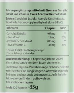 Nutritional values and ingredients Biotanicals Iron+ 120 capsules (120 Piece, Capsules, 85 g)