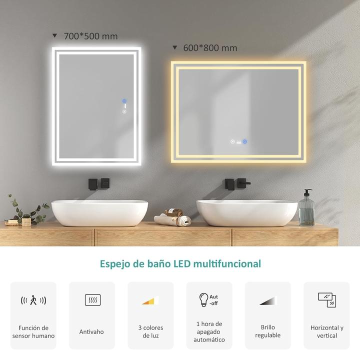 Productafbeelding Emke Motion Sensor LED Bathroom Mirror with Anti-Condensation and 3 Dimmable Light Colors (50 x 70 cm)