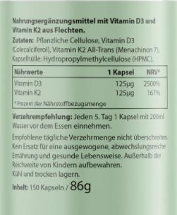 Valeurs nutritives et ingrédients Biotanicals Vitamine D3 + K2 150 gélules (150 pcs, Capsules, 86 g)