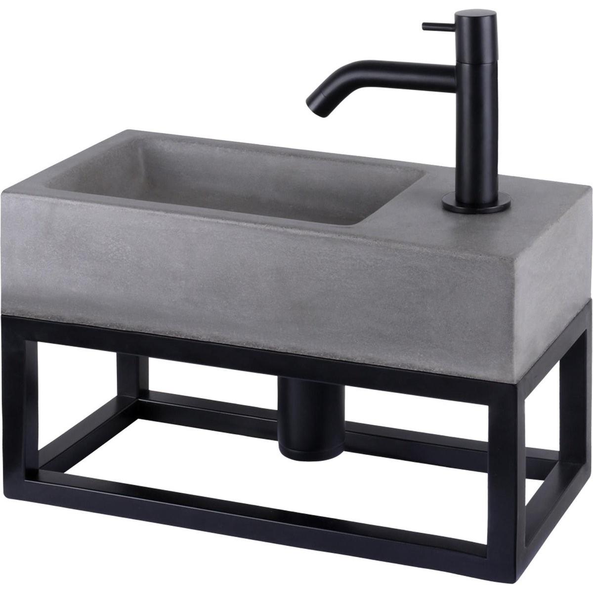Differnz, Lavandino, Jukon Fonteinset - Wasbak Beton - Donkergrijs - Gebogen Kraan - Mat Zwart - Standaard Greep - 38,5 x (185 mm, 385 mm)
