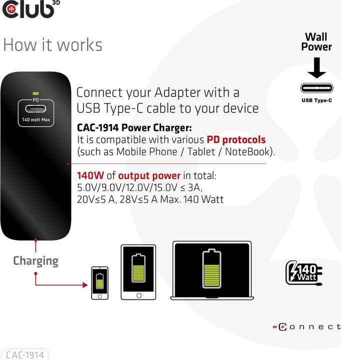 Image du produit Club 3D Club3D chargeur 1xUSB type C, PD 140W retail (140 W)