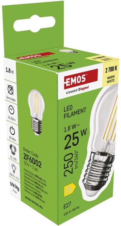 Immagine prodotto Emos Lampada LED a filamento Mini Globe / E27 / 1,8 W (25 W) / 250 lm / Bianco caldo (E27, 250 lm, 1 x)