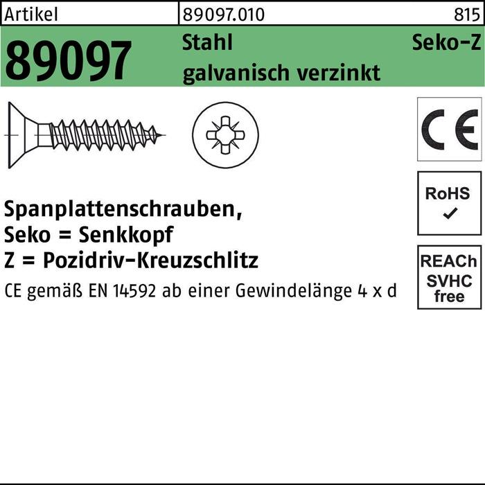 Produktbild Spanplattenschraube R 89097 SEKO Kreuzschlitz-PZ VG 3,5 x 30 -Z Stahl galvanisch verzinkt (1000 Schrauben pro Stück)