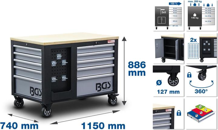 Produktbild BGS Werkstattwagen 2 x 5 Schubladen 1 Schrank leer (1 x)