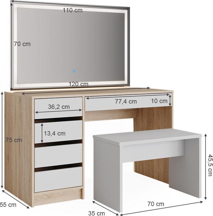 Image du produit Vicco Sherry avec miroir LED et tabouret (120 x 75 x 55 cm)