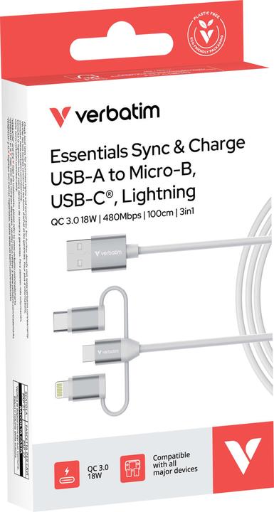 Produktbild Verbatim Kable Sync & Charge USB-A do Micro-B, USB-C, Lightning essentials 18W biały 32394 (1 m, USB 2.0, 18 W)