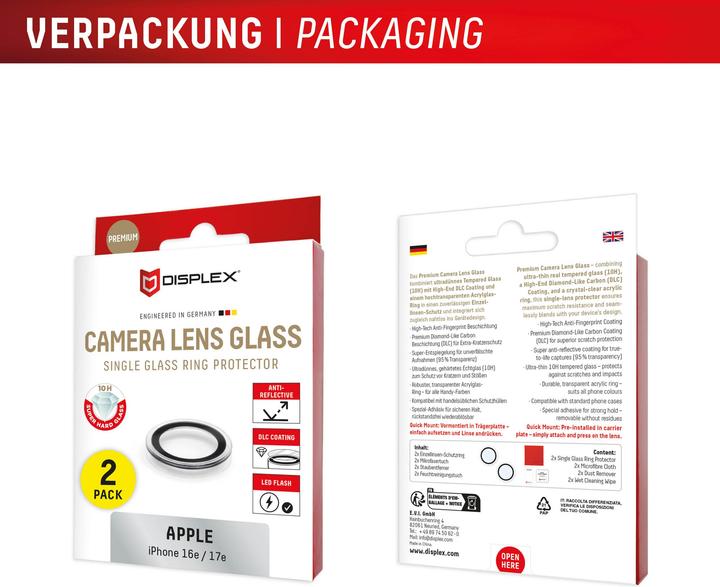 Produktbild Displex Premium Camera Lens Glass, Kamera Schutzglas, Einzelringe, Doppelpack (2 Stk., Apple iPhone 16e)