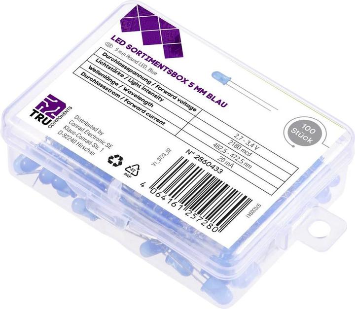 Image du produit Tru Components LED câblée Bleu Rond Diffus 2180 mcd 30 ° 20 mA 2.7 V, 3.4 V