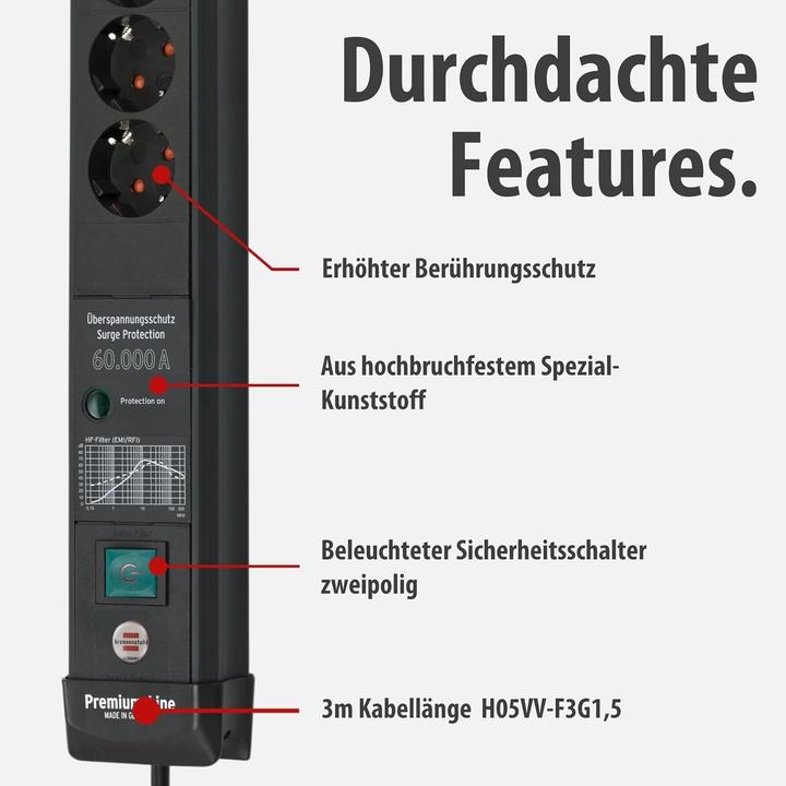 Produktbild Brennenstuhl Premium-Line, power distribution unit with USB ports, 6 sockets, 3m, black, with swi... (6x, CEE 7/7, 3 m)