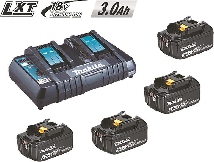 4 Li-Ionen Akkus 18 Volt, 1 Doppelschnellladegerät, 3.0 Ah