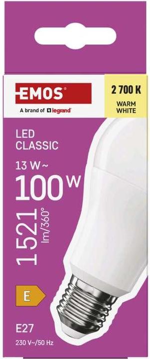 Image du produit Emos Lampe LED Classic A60 / E27 / 13 W (100 W) / 1521 lm / Blanc chaud (E27, 13 W, 1521 lm, 1 x, E)