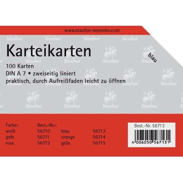 Staufen, Karteikarten, Karteikarten A7 liniert 180g/qm blau VE=100 Stück (A7, 180 g/m²)