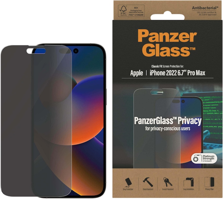 Productafbeelding PanzerGlass Classic Fit Privacy (1 Stuk, Apple iPhone 14 Pro Max)