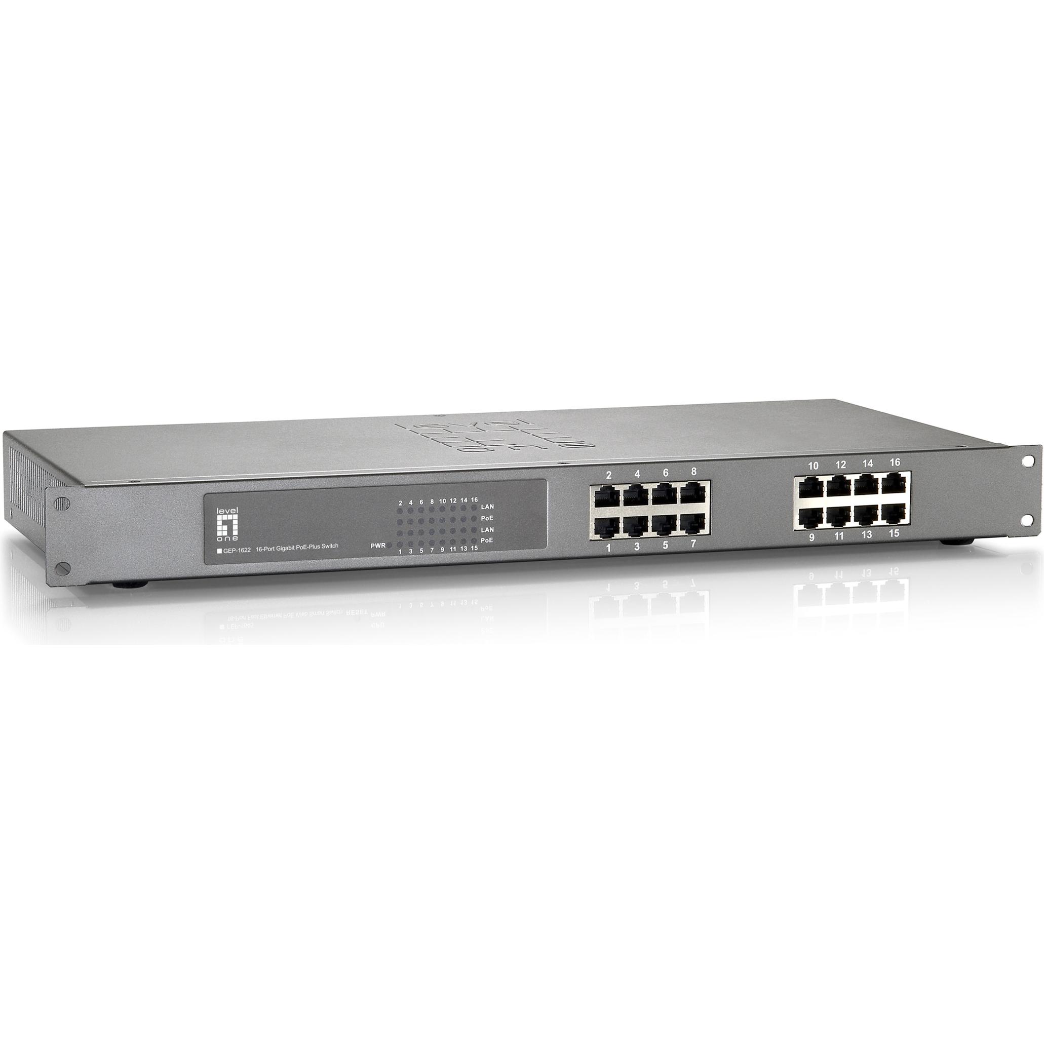 LevelOne Level One GEP-1622: 16Port PoE-Plus Switch (16 Ports), Netzwerk Switch, Grau