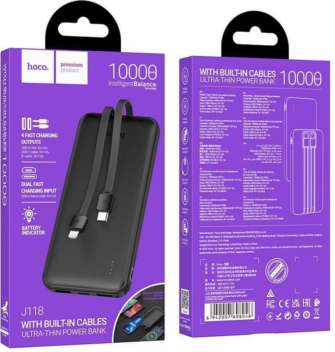 Actual product image Hoco Power bank Powerbank 10000 mAh 2A with built-in cables USB C + Lightning J118 black (10000 mAh, 37 Wh)