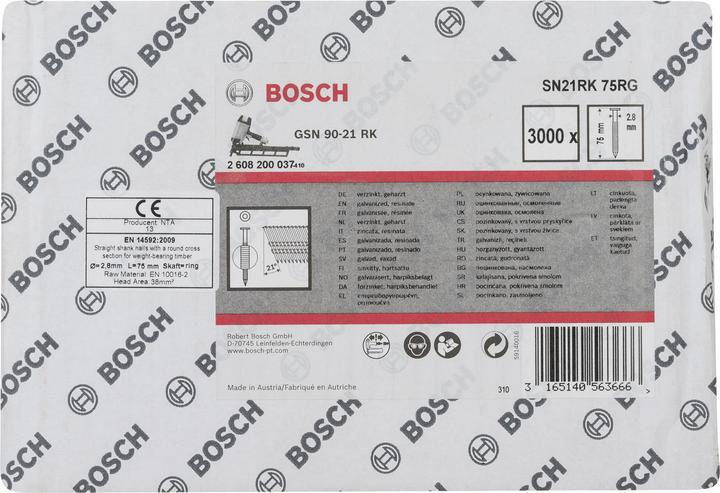 Nährwerte und Zutaten Bosch Professional Zubehör Rundkopf-Streifennagel SN21RK 75RG 2,8 mm, 75 mm, verzinkt, gerillt
