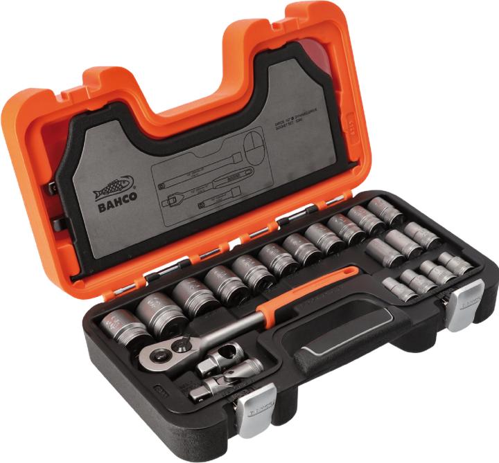 Produktbild Bahco 1/2"-Steckschlüssel-Satz, metrisch, Sechskant, inklusive Umschaltknarre - 24-teilig (10  mm, 11 mm, 12 mm, 13 mm, 14 mm, 15 mm, 16 mm, 17 mm, 18 mm, 19 mm, 20 mm, 21 mm, 22 mm, 23 mm, 24 mm, 27 mm, 30 mm, 32 mm)