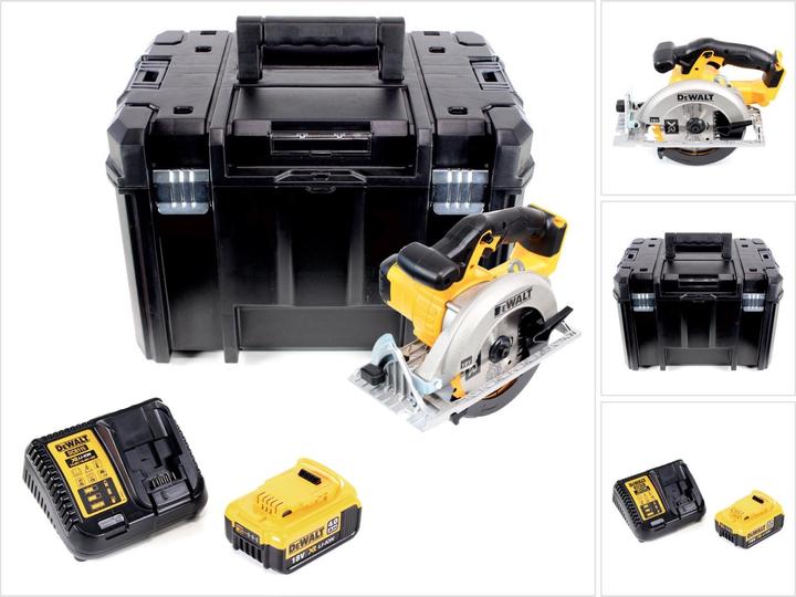 1x sega circolare portatile a batteria DeWalt DCS391, 1x batteria DeWalt DCB182 da 4,0 Ah, 1x caricabatterie DeWalt DCB113, 1x lama circolare DeWalt DT1209 da 165 mm, 1x TSTAK DeWalt, 1x guida di taglio, 1x protezione dalla polvere