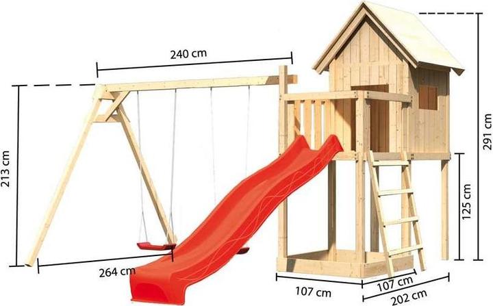 Actual product image Akubi Karibu stilt house "Benjamin" SET made of Nordic spruce, terra grey with purple slide, sandpit