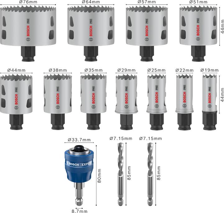 Immagine prodotto Bosch Professional Zubehör Set di seghe a tazza PRO Multi Material PC Plus, 14 pezzi. (29 mm, 19 mm, 57 mm, 76 mm, 35 mm, 25 mm, 44 mm, 51 mm, 64 mm, 22 mm, 38 mm)
