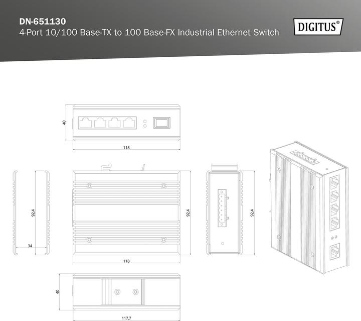 Produktbild Digitus 4-Port 10/100Base-TX to 100Base-FX Industrial Ethernet Switch (4 Ports)