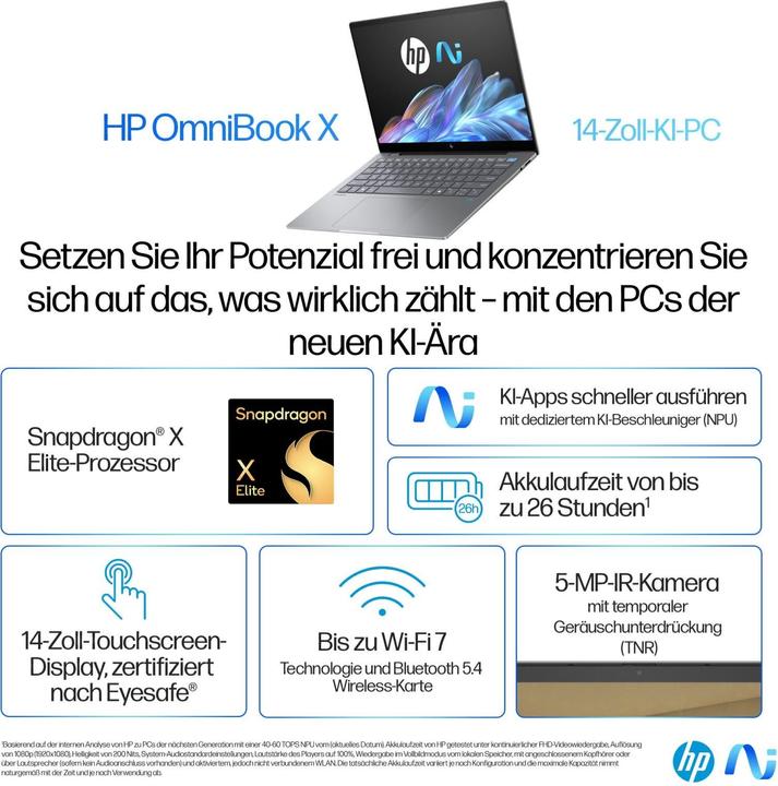 Produktbild HP OmniBook X AI 14-fe0165ng (14", 1000 GB, 16 GB, DE, Snapdragon X Elite X1E-78-100)