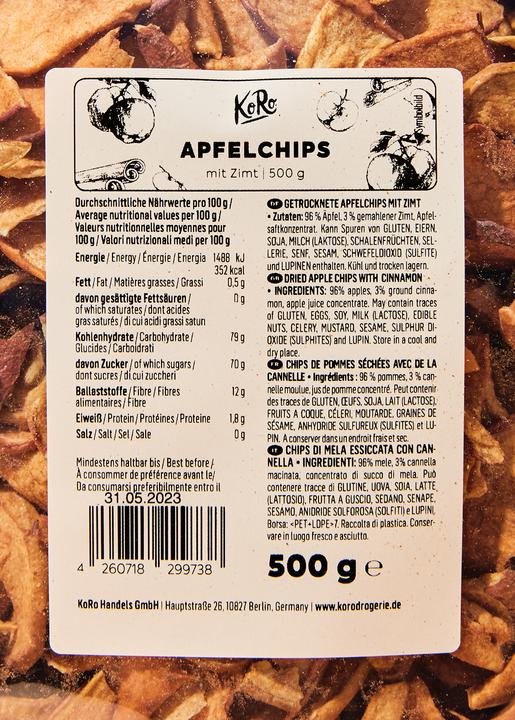 Valeurs nutritives et ingrédients KoRo Chips de pommes séchées à la cannelle (500 g)