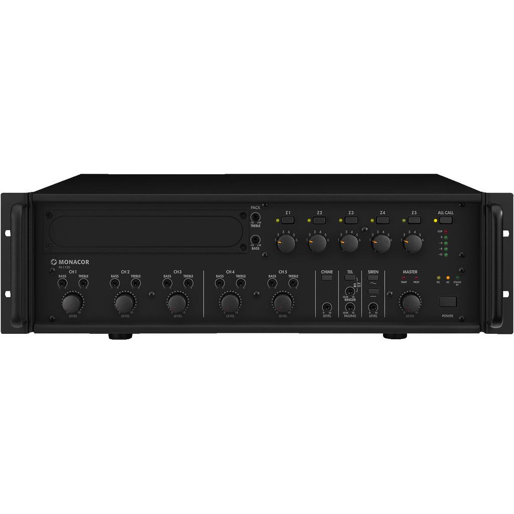 Monacor PA-1120 Amplificatore ELA a 5 zone da 120 W (Amplificatore), Amplificatore stereo, Nero