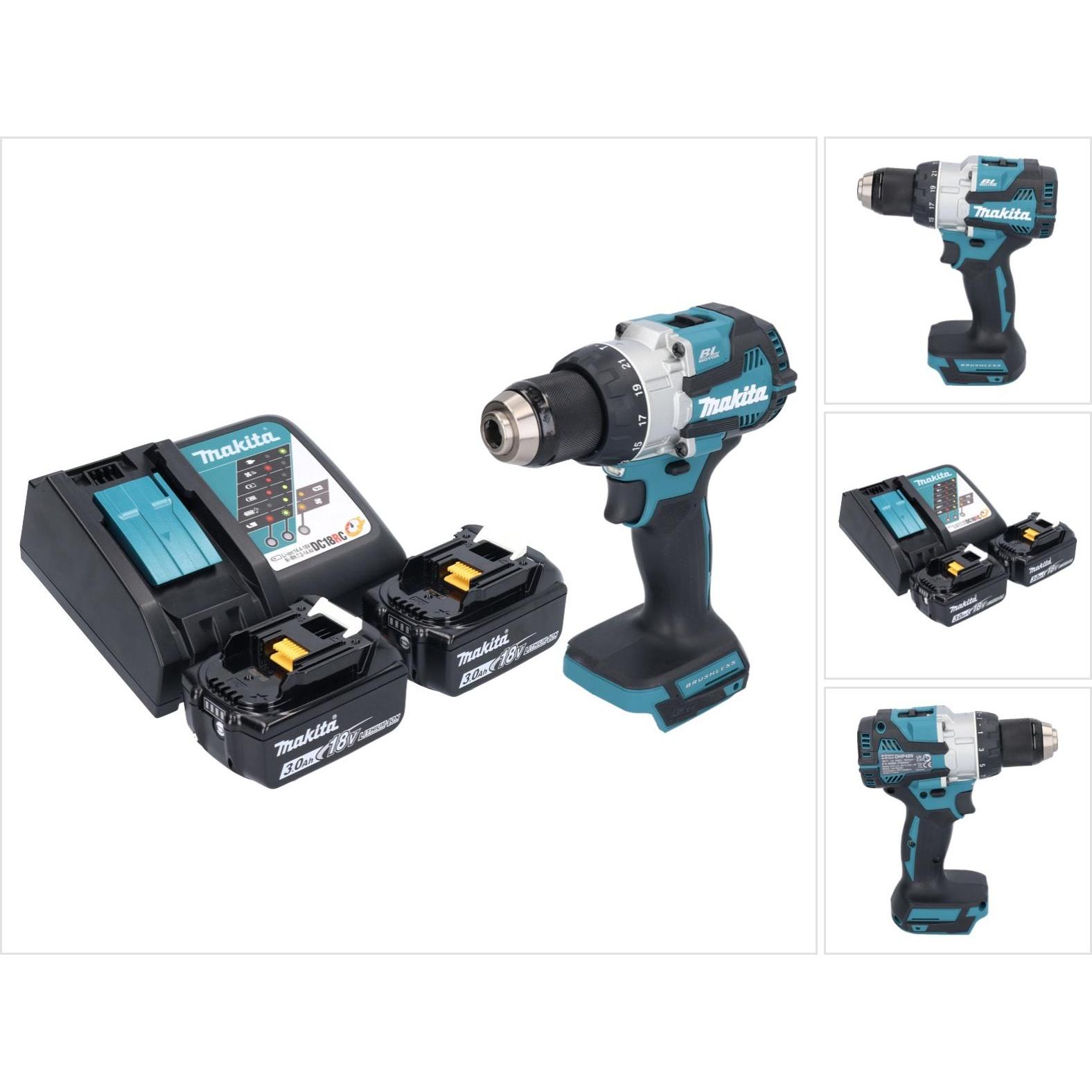 Makita, Bohrmaschine + Akkuschrauber, DHP 489 RF Akku Schlagbohrschrauber 18 V 73 Nm Brushless + 2x Akku 3,0 Ah + Ladege...