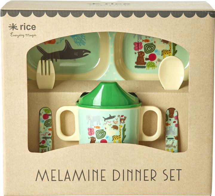 Rice - Melamine Baby Dinner Set - Wildlife Print - Mint and Blue