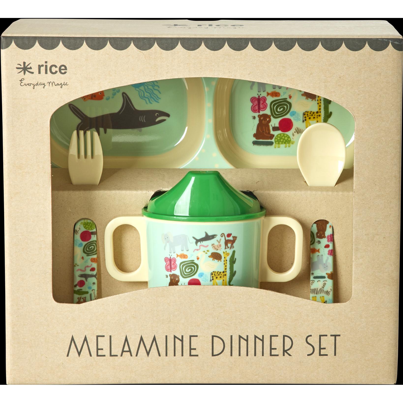 Rice, Kindergeschirr + Kinderbesteck, - Melamine Baby Dinner Set - Wildlife Print - Mint and Blue
