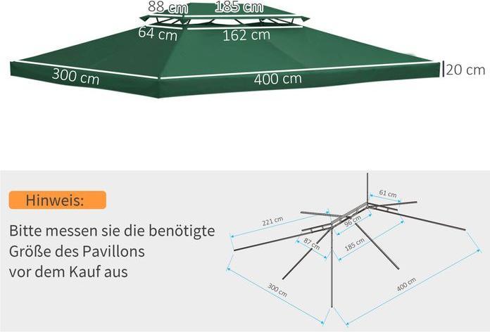 Produktbild Swisshandel24 Ersatzdach Pavillondach für Metallpavillon Gartenpavillon Partyzelt Gartenzelt Polyester 3x4m Grün (1200 cm, 1200 cm)