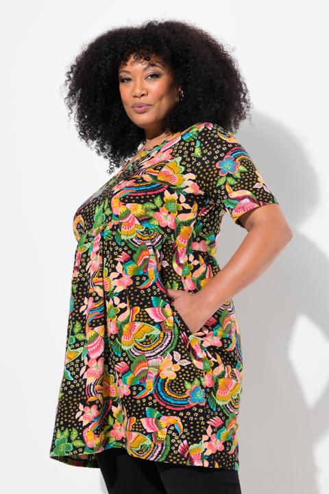 Image du produit Ulla Popken T-shirt long coupe évasée, manches courtes et col tunisien (46, 48)