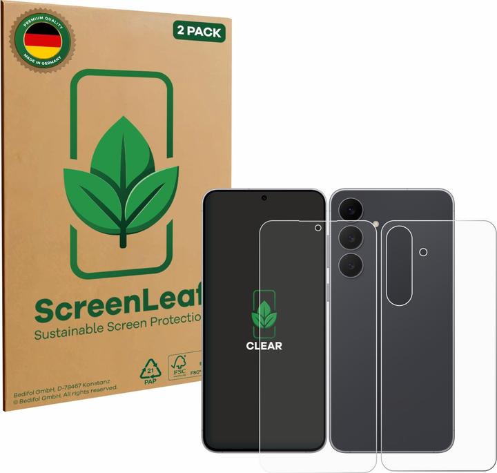 Produktbild ScreenLeaf Schutzfolie für Samsung Galaxy S25 FE (Display+Rückseite) nachhaltiger Displayschutz Display S (2 Stk., Samsung Galaxy S25 FE)
