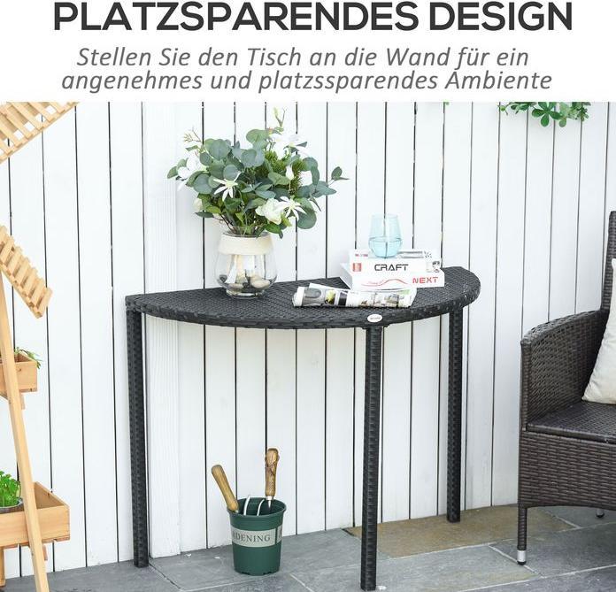 Actual product image Swisshandel24 Balcony table Semicircular garden side table made of polyrattan and metal, black, 100x50x74cm