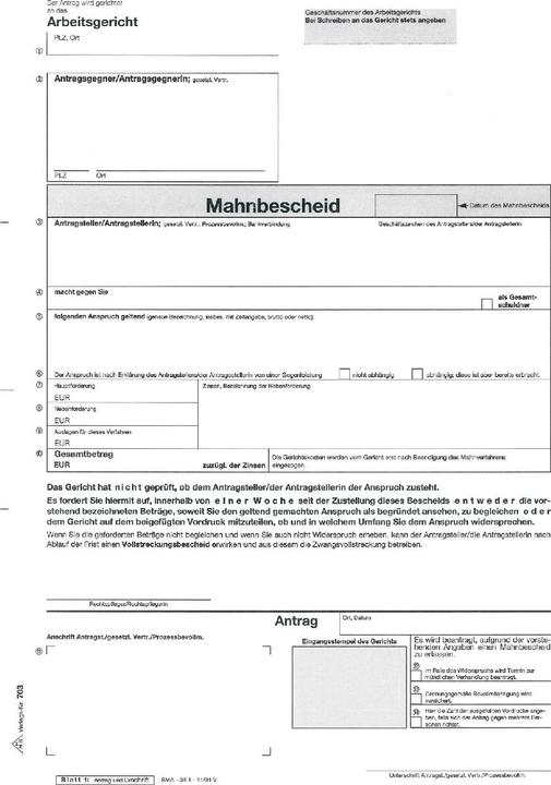 Produktbild Rnk Mahnbescheid A4 f. Arbeitsgericht (6 x)