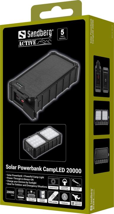 Produktbild Sandberg Solar Powerbank CampLED 20000 (20000 mAh, 22.50 W, 74 Wh)