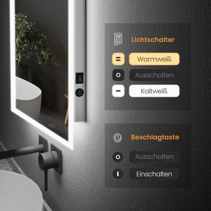 Produktbild Emke Badezimmerspiegel mit Beleuchtung 100*60cm,Beschlagfrei, 3000K/6500K,Tast Schalter (100 x 60 cm)