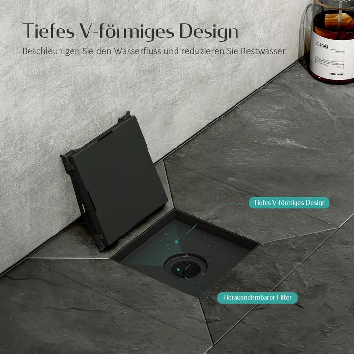 Produktbild Emke Duschrinne Quadratischer, Bodenablauf 2in1 Komplettset, Geruchsstop und Haarsieb, 1000cm, Schwarz (60 mm)