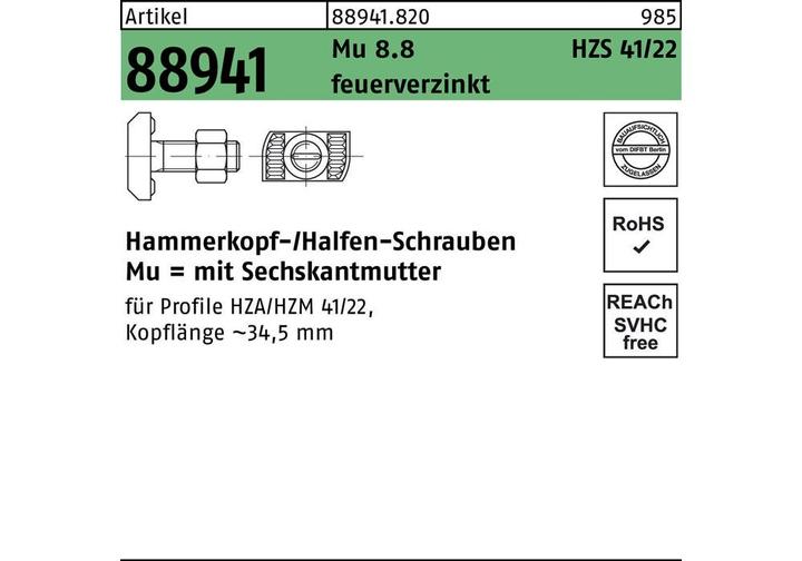 Actual product image Halfen Hammer-head bolt R 88941 type HZS41/22 hexagon nut M 16 x 100 Mu 8.8 hot-dip galvanised (25 Screws per piece)