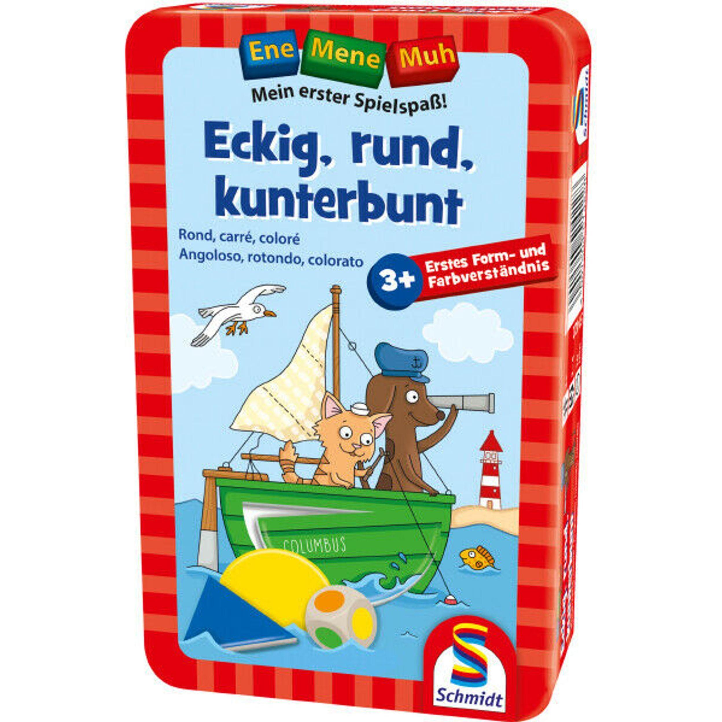 Schmidt Spiele Eckig, rund, kunterbunt in Metalldose (Französisch, Italienisch, Deutsch, Englisch)