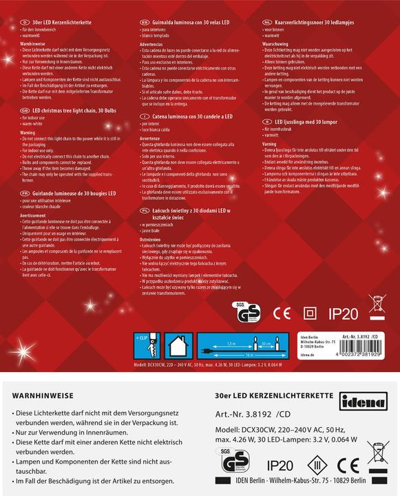 Produktbild Idena Kerzenlichterkette LED 30er warmweiss f.Innen (16 m)