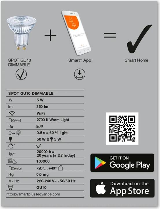 Immagine prodotto Ledvance Spot Wifi Smart+ (GU10, 5 W, 350 lm, 1 x, G)