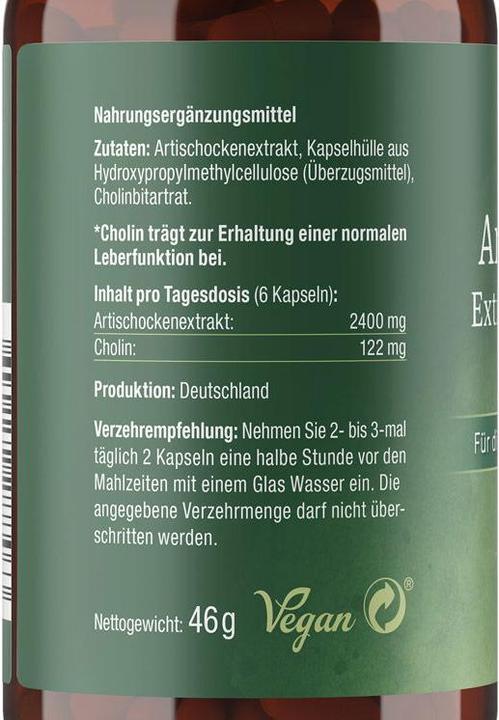 Nutritional values and ingredients Effective Nature Artichoke extract with choline (90 Piece, Capsules, 90 g)